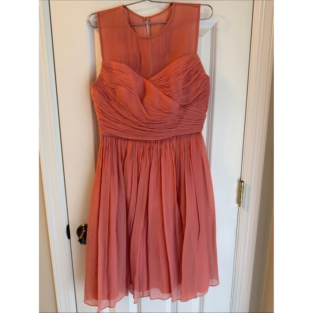 J. Crew Coral Pumpkin Silk Chiffon Dress with Ruched Bodice Size 4 Party Wedding